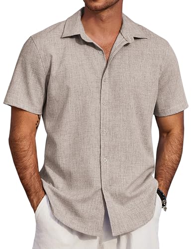 COOFANDY Herren-Strandhemden, kurzärmelig, lässig, Button-Down-Shirt, Sommerkleid-Shirt, Champagner, L von COOFANDY
