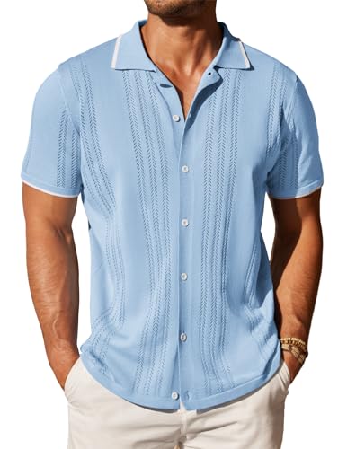 COOFANDY Herren Strick Button Down Hemd Trikot Vintage Kurzarm Polo Shirts Hemden Casual Beach Tops, Hellblau, XL von COOFANDY
