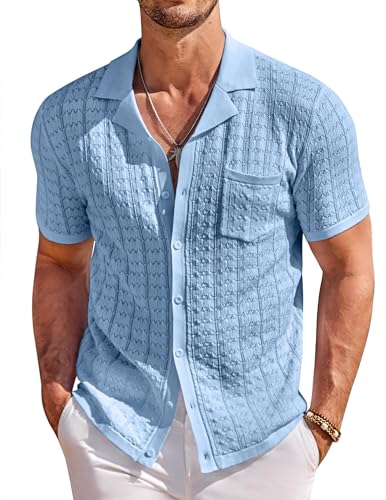 COOFANDY Herren Strick Button Down Shirt Kurzarm Vintage Polo Shirts Sommer Casual Strand Tops, Hell, blau, Klein von COOFANDY