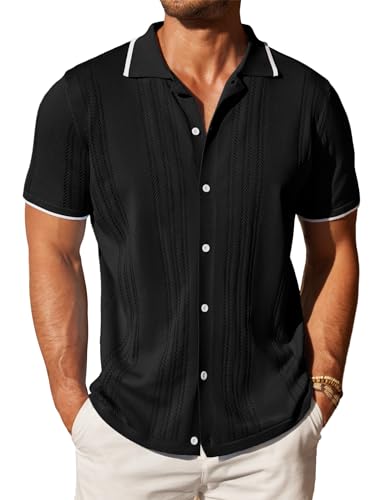 COOFANDY Herren Strick Button Down Shirt Vintage Kurzarm Polo Shirts Casual Beach Tops, Schwarz, Mittel von COOFANDY