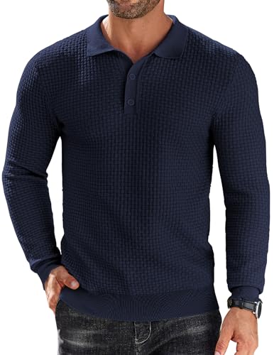 COOFANDY Herren Strick-Polo-Shirt, langärmelig, leicht, modisch, lässig, mit Kragen, Marineblau, XL von COOFANDY