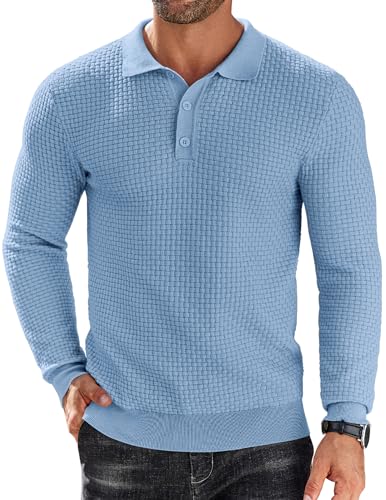 COOFANDY Herren Strick-Polo-Shirt, langärmelig, leicht, modisch, lässig, mit Kragen, luftiges Blau, XL von COOFANDY