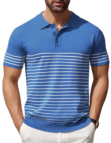 COOFANDY Herren Strick-Polohemden Kurzarm Gestreiftes Golf Poloshirts Leicht Lässig Kragen T-Shirt, Blau (weiße Streifen), XX-Large von COOFANDY