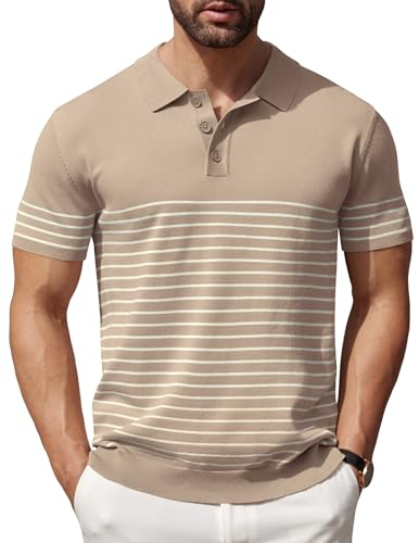 COOFANDY Herren Strick-Polohemden Kurzarm Gestreiftes Golf Poloshirts Leicht Lässig Kragen T-Shirt, Khaki (Beige Streifen), Mittel von COOFANDY