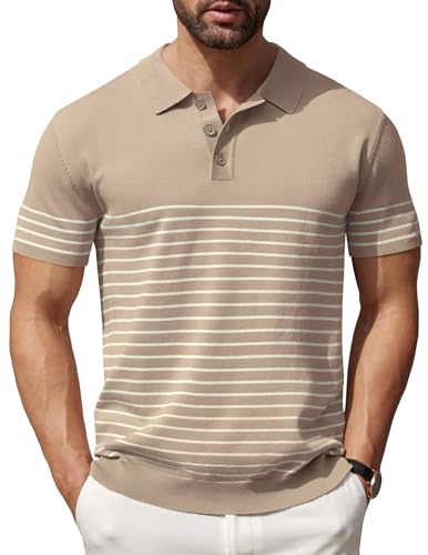 COOFANDY Herren Strick-Polohemden Kurzarm Gestreiftes Golf Poloshirts Leicht Lässig Kragen T-Shirt, Khaki (Beige Streifen), XL von COOFANDY