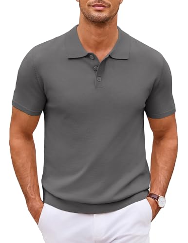 COOFANDY Herren Strick Polokragen T Shirt Kurzarm Polohemd V-Ausschnitt Leichtes Polo Tees Freizeit Golf Dunkelgrau XXXL von COOFANDY