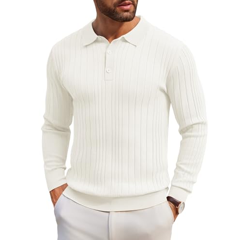 COOFANDY Herren Strick Polopullover Button Down Knopfleiste Strickpullover Freizeit Button Down Polokragen Feinstrick Pulli Weiß XXL von COOFANDY