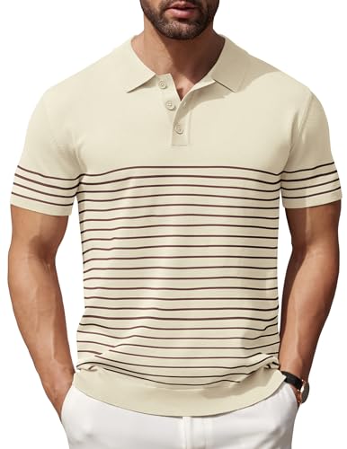 COOFANDY Herren Strick-Poloshirt, kurzärmelig, gestreift, leicht, lässig, mit Kragen, Beige (Karamell-Streifen), L von COOFANDY