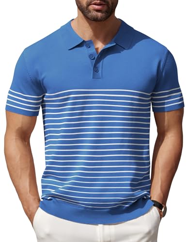 COOFANDY Herren Strick-Poloshirt, kurzärmelig, gestreift, leicht, lässig, mit Kragen, Blau (weiße Streifen), Mittel von COOFANDY