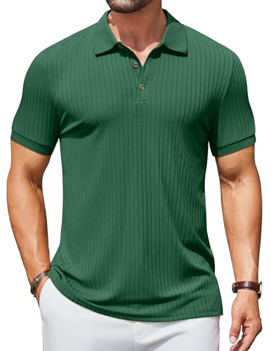 COOFANDY Poloshirt Herren Kurzarm Strick Polo T-Shirt mit Knöpfe Sommer Polohemd Geripptes Stretch Shirt Evergrün M von COOFANDY