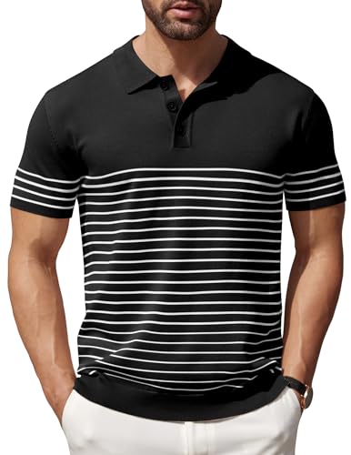 COOFANDY Herren Strick-Poloshirt Kurzarm Stricken Golf T Shirts Casual Gestreift Stretch Knit Shirt, Schwarz (weiße Streifen), XL von COOFANDY