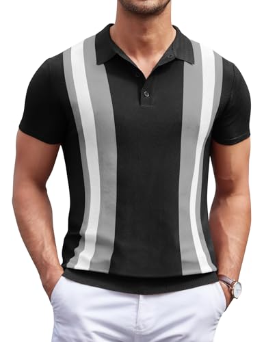 COOFANDY Herren Strick-Poloshirt Kurzarm Vintage Streifen Golf Shirt, Schwarz und Grau, L von COOFANDY