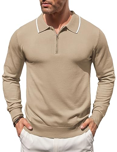 COOFANDY Herren Strick-Poloshirt Langarm Viertel Reißverschluss Polo Pullover Casual Golf Shirts Vintage Gestreifter Kragen Polo, Khaki, 3X-Groß von COOFANDY