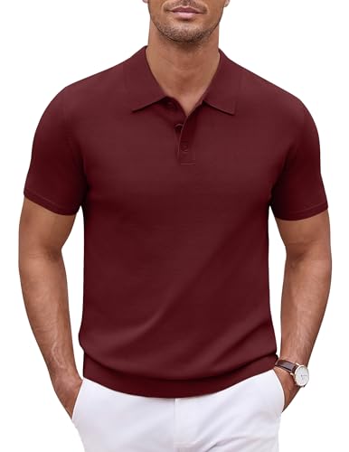 COOFANDY Herren Strick Poloshirt Sommer Kurzarm Männer Casual Polohemd T-Shirt mit Polokragen Weinrot XL von COOFANDY
