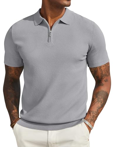 COOFANDY Herren Strick Poloshirt Sommer Poloshirts für Herren Kurzarm Stretch Golf Polo Shirt mit Reißverschluss Einfarbig Männer Polohemd T-Shirt Grau 3XL von COOFANDY