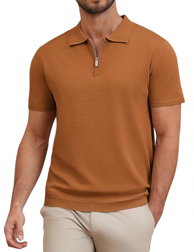 COOFANDY Herren Strick Poloshirt mit Reißverschluss Kurzarm Zip Polo Sommer Polohemd Polo Shirts Golf Shirt Rotekaffee M von COOFANDY