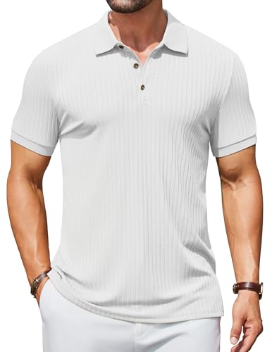 COOFANDY Poloshirt Herren Strick Polo Shirt Kurzarm Sommer Polohemd mit Knöpfe T-Shirt Geripptes Stretch Golf Shirts Weiß XXL von COOFANDY