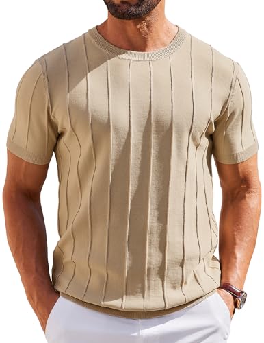 COOFANDY Herren Strick-T-Shirts, lässig, kurzärmelig, gerippt, gestrickt, Khaki, L von COOFANDY