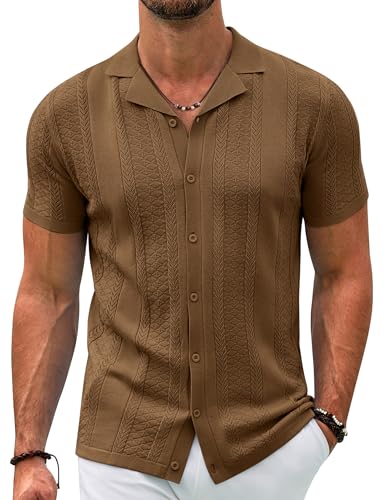 COOFANDY Herren-Strickhemd, Vintage-Stil, kurzärmelig, Button-Down-Shirt, lässig, Sommer, Strand-Shirt, Braun, 3X-Groß von COOFANDY