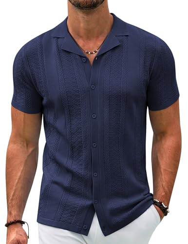 COOFANDY Herren-Strickhemd, Vintage-Stil, kurzärmelig, Button-Down-Shirt, lässig, Sommer, Strand-Shirt, Marineblau, Klein von COOFANDY