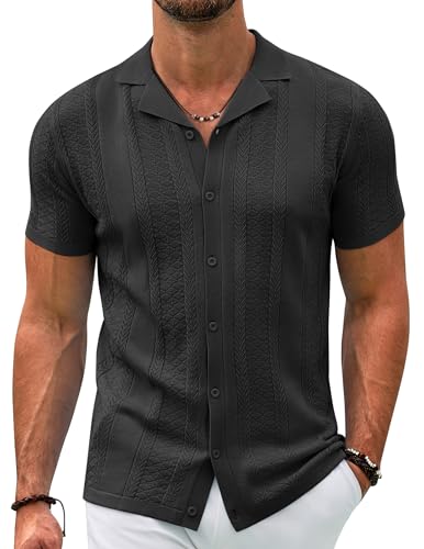 COOFANDY Herren-Strickhemd, Vintage-Stil, kurzärmelig, Button-Down-Shirt, lässig, Sommer, Strand-Shirt, Schwarz, Klein von COOFANDY