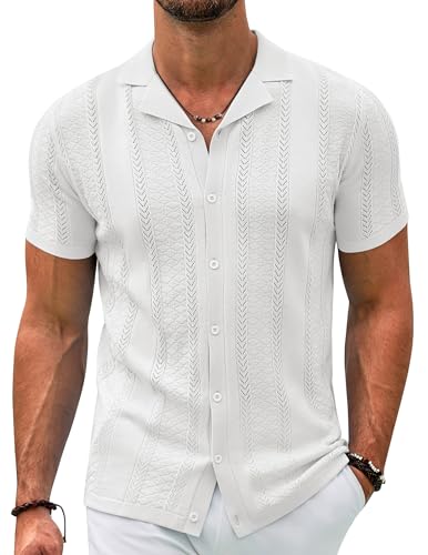 COOFANDY Herren-Strickhemd, Vintage-Stil, kurzärmelig, Button-Down-Shirt, lässig, Sommer, Strand-Shirt, Weiss/opulenter Garten, Klein von COOFANDY