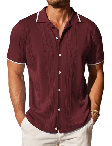 COOFANDY Herren Strickhemd mit Knopfleiste, Vintage, kurzärmelig, Polo-Shirts, lässig, Strand-Top, Weinrot, Mittel von COOFANDY
