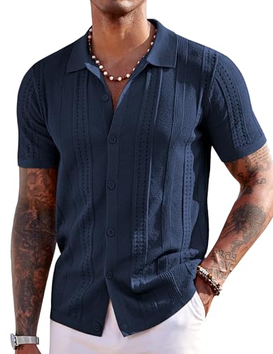 COOFANDY Herren Strickhemden Kurzarm Button Down Polo Shirt Mode Casual Strand Kubanische Hemden, Marineblau, Mittel von COOFANDY