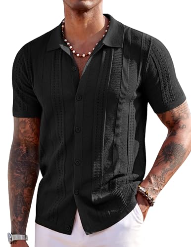 COOFANDY Herren Strickhemden Kurzarm Button Down Polo Shirt Mode Casual Strand Kubanische Hemden, Schwarz, L von COOFANDY