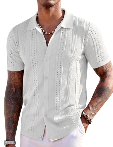 COOFANDY Herren Strickhemden Kurzarm Button Down Polo Shirt Mode Casual Strand Kubanische Hemden, Weiss/opulenter Garten, Klein von COOFANDY
