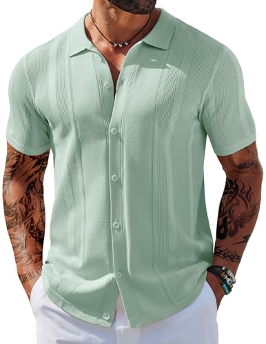 COOFANDY Herren Strickhemden Kurzarm Knopfleiste Poloshirt Vintage Casual Strand Shirt Sommer Tops, Eisgrün, L von COOFANDY