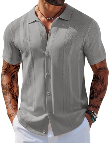 COOFANDY Herren Strickhemden Kurzarm Knopfleiste Poloshirt Vintage Casual Strand Shirt Sommer Tops, GRAU, L von COOFANDY
