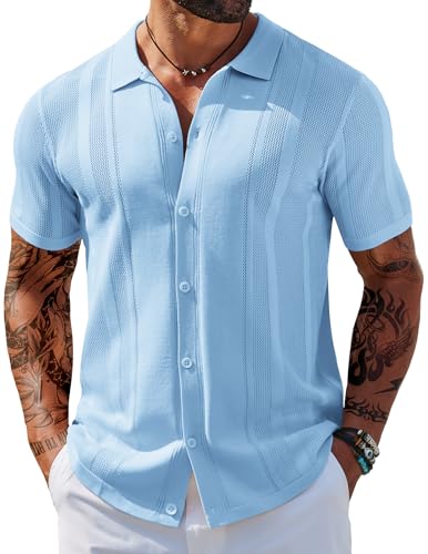 COOFANDY Herren Strickhemden Kurzarm Knopfleiste Poloshirt Vintage Casual Strand Shirt Sommer Tops, Hell, blau, XL von COOFANDY