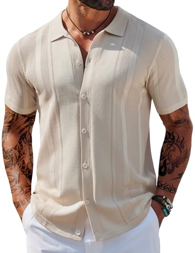 COOFANDY Herren Strickhemden Kurzarm Knopfleiste Poloshirt Vintage Casual Strand Shirt Sommer Tops, Hellkhaki, XL von COOFANDY