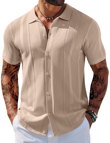 COOFANDY Herren Strickhemden Kurzarm Knopfleiste Poloshirt Vintage Casual Strand Shirt Sommer Tops, Khaki, L von COOFANDY
