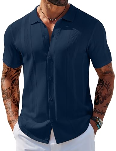 COOFANDY Herren Strickhemden Kurzarm Knopfleiste Poloshirt Vintage Casual Strand Shirt Sommer Tops, Marineblau, L von COOFANDY