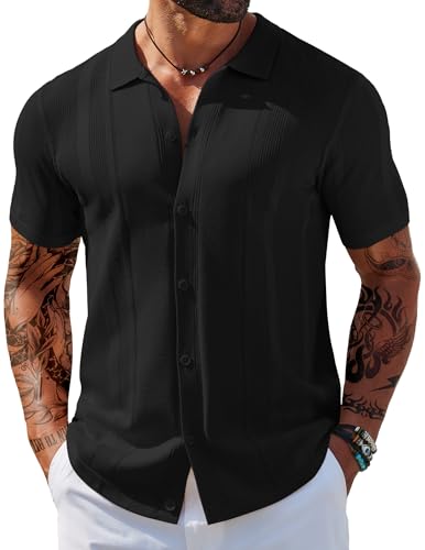 COOFANDY Herren Strickhemden Kurzarm Knopfleiste Poloshirt Vintage Casual Strand Shirt Sommer Tops, Schwarz, L von COOFANDY