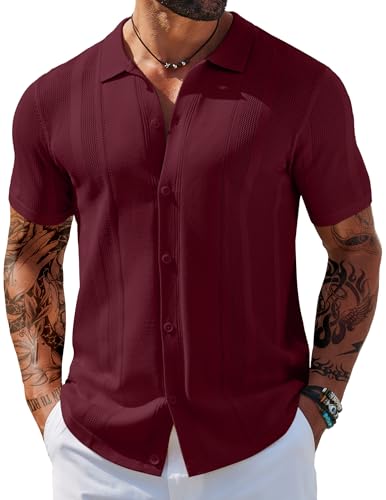 COOFANDY Herren Strickhemden Kurzarm Knopfleiste Poloshirt Vintage Casual Strand Shirt Sommer Tops, Weinrot, XL von COOFANDY