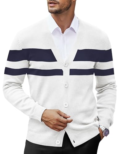 COOFANDY Herren-Strickjacke, V-Ausschnitt, lässig, leicht, Knopfleiste, Strickjacke, Pullover, weiß gestreift, XX-Large COOFANDY Herren-Strickjacke, V-Ausschnitt, lässig, leicht, Knopfleiste, Strickjacke, Pullover, weiß gestreift, XX-Large von COOFANDY