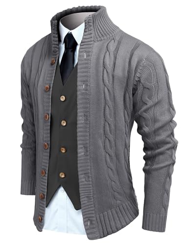 COOFANDY Herren Strickjacke Pullover Slim Fit Stehkragen Cardigan Casual Zopfmuster Button Down Pullover mit Taschen, grau, Groß von COOFANDY