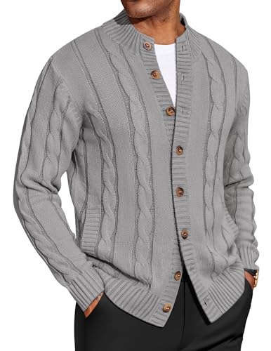COOFANDY Herren Strickjacke Sweater Slim Fit Stehkragen Cardigan Casual Zopfstrick Button Down Sweater mit Taschen, GRAU, X-Groß von COOFANDY