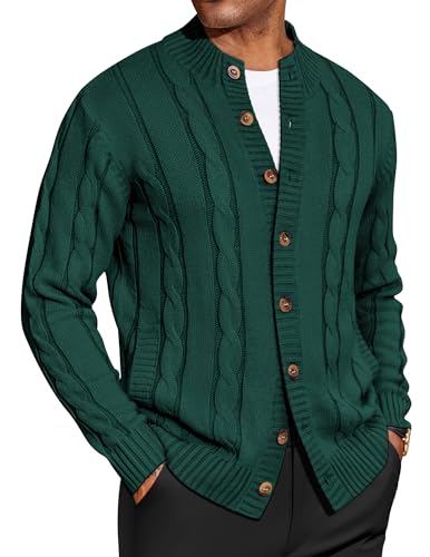 COOFANDY Herren Strickjacke Sweater Slim Fit Stehkragen Cardigan Casual Zopfstrick Button Down Sweater mit Taschen, Grün , Klein von COOFANDY