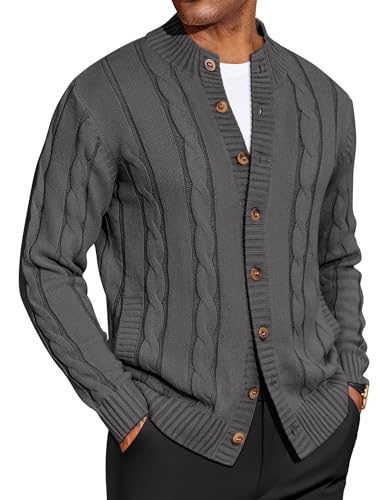 COOFANDY Herren Strickjacke Sweater Slim Fit Stehkragen Cardigan Casual Zopfstrick Button Down Sweater mit Taschen, grau dunkel, XX-Large von COOFANDY