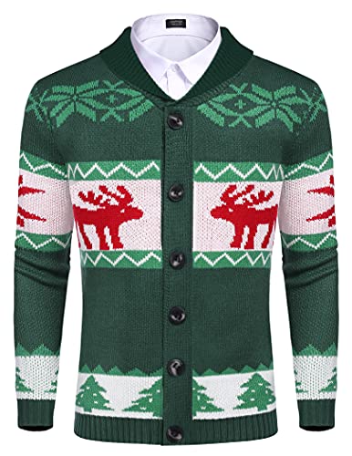 COOFANDY Herren Weihnachtspullover Strickjacke Winter Warme Ugly Christmas Sweater mit V Ausschnitt Strick Pullover für Männer Grün L von COOFANDY