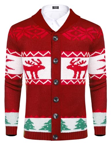 COOFANDY Herren Cardigan Weihnachten Pullover Christmas V Ausschnitt Strick Bequem Warmer Winter Männer Strickjacke Pullover Rot L von COOFANDY