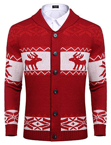 COOFANDY Herren Weihnachtspullover Winter Strick Cardigan Langarm Ugly Christmas Sweater Weihnachtspulli Lustige Weihnacht Pullover mit V Ausschnitt Rot M von COOFANDY