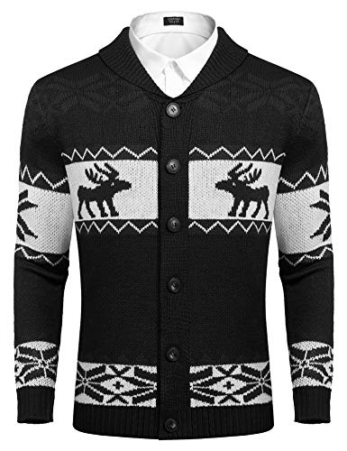 COOFANDY Herren Weihnacht Strickjacke Cardigan Winter V-Ausschnitt Pullover Lustig Hässlich Weihnachtspullover Schwarz M von COOFANDY