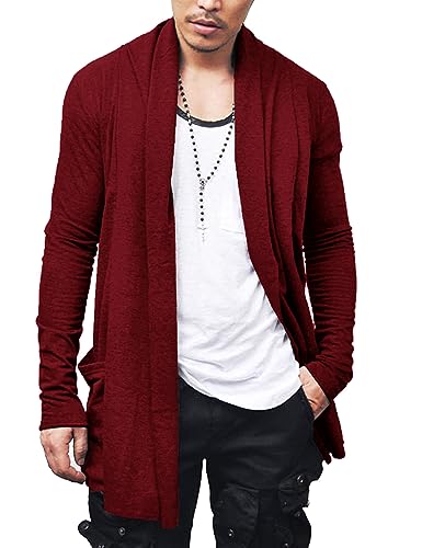 COOFANDY Herren Strickjacke mit Rüschen, Schalkragen, ärmellos, vorne offen, leicht, lange Länge, Drapierung Cape, Weinrot, Mittel von COOFANDY