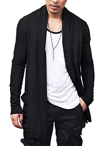 COOFANDY Herren Strickjacke mit Rüschen, Schalkragen, leicht, Baumwollmischung, lange Länge, Drapier-Umhang - Schwarz - X-Groß von COOFANDY