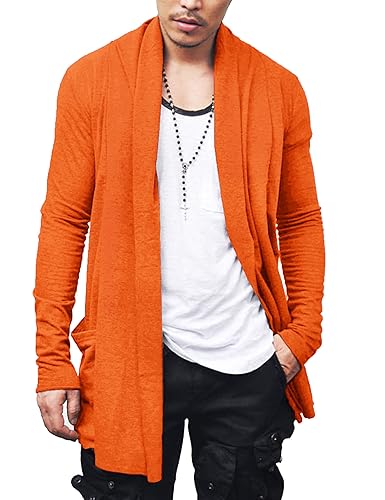 COOFANDY Herren-Strickjacke mit Rüschen, Schalkragen, vorne offen, leicht, lang, mit Taschen, Halloween Orange, Groß von COOFANDY